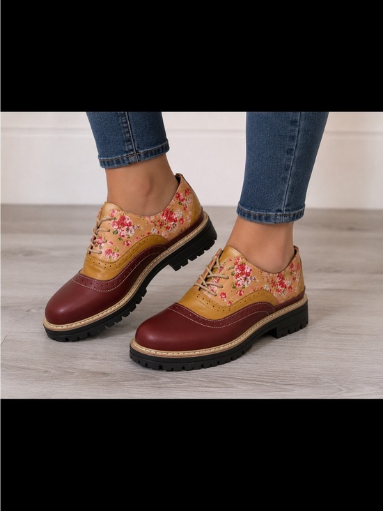 The Unbranded Brand Shoes - Floral Accent Two-Tone Oxford Flats - Burgundy & Tan